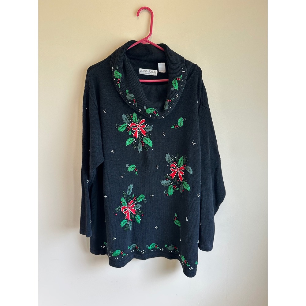 Victoria Jones Woman Black Christmas Sweater Beaded Holly Bow Cowl Neck 2X